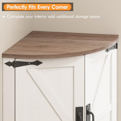 Tall Farmhouse Corner Cabinet with Barn Doors and 5 Storage Shelves, White