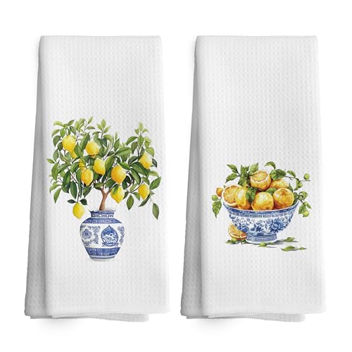 TAEDIN Lemon-1 Chinoiserie Kitchen Towels Set of 2 Blue & White 16x24 Inches