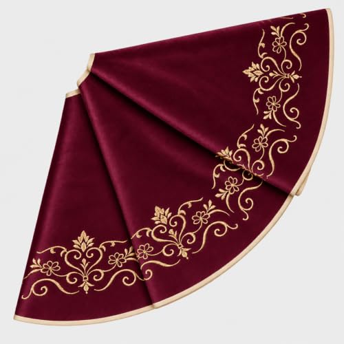 Scritism Burgundy 60 Inch Velvet Christmas Tree Skirt with Damask Baroque Embroidery