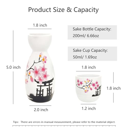 Old Craftsmen's Japanese Sake Set 5 Pcs 200ml Bottle & 50ml Cups Traditional Ceramic Sakura Design