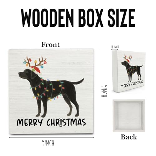 Black Labrador Retriever Merry Christmas Wooden Box Sign Desk Decor, Black Lab Gifts, Christmas Lab Dog Wood Block Sign for Home Office Desk Table Shelf Wall Decorations, 5x5 Inch