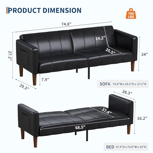 75-Inch Faux Leather Convertible Futon Sofa Bed with Adjustable Backrest