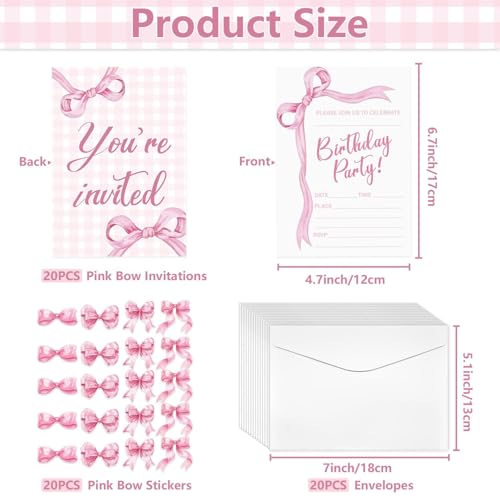 Pink Bow Birthday Invitations - 20 Sets with Envelopes & Stickers