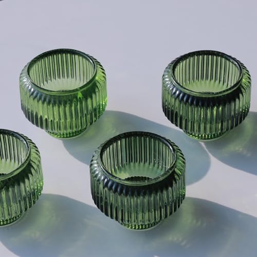 Woho Green Ribbed Taper Candle Holders (Set of 8) – Double-Sided, Vintage Glass