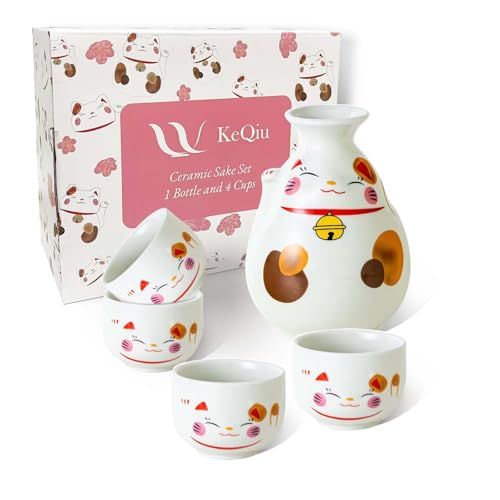 Porcelain Sake Set with 1 Bottle & 4 Cups - Lucky Cat Design, Gift Ready