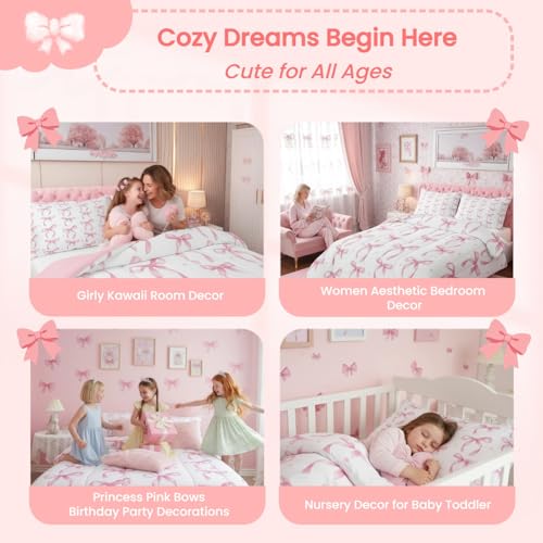 Twin Size Pink Bow Comforter Set, Cute Ribbon Bedding for Girls