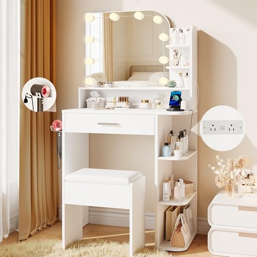 Small Makeup Vanity Desk with Mirror, Lights, Stool, and Charging Station