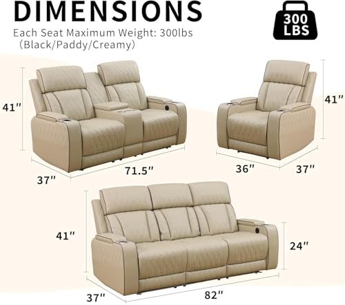 3-Piece Power Reclining Sofa Set with LED Lights, USB Ports & Storage, Beige