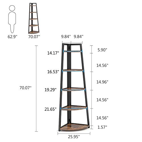 5-Tier Tall Corner Bookshelf, Industrial Rustic Corner Storage Shelf