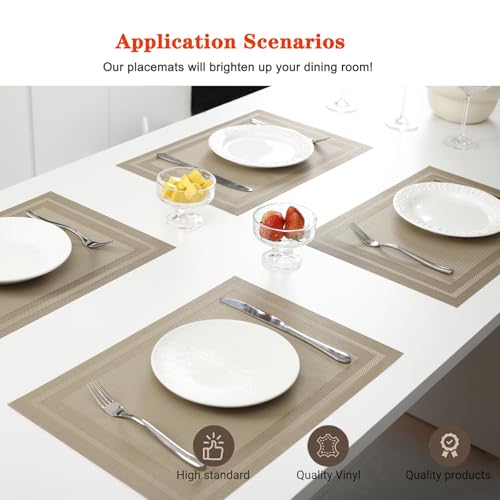 Beige Vinyl Placemats Set of 8 - 18x12 Inch Washable Table Mats, Durable PVC Dining Decor