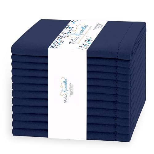 Navy Blue Hemstitch Cotton Dinner Napkins 18x18 Inches, Set of 12