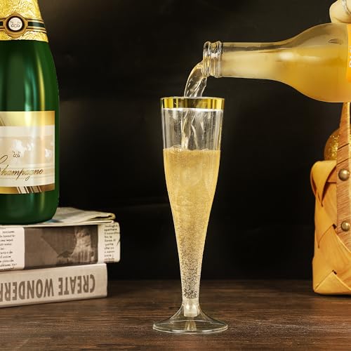 Small Disposable Champagne Flutes Set of 100 - Clear with Gold Rim, 4.5oz