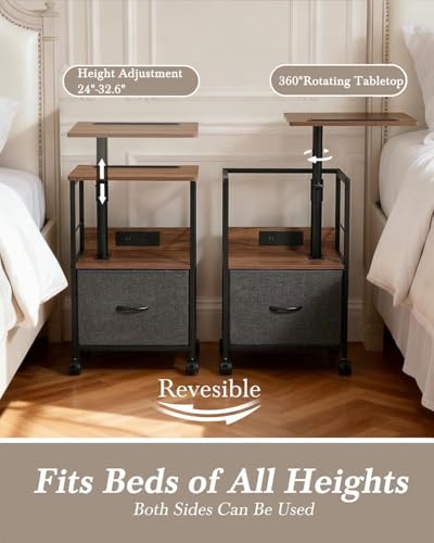 Swivel Top Nightstand with Charging Station and Fabric Drawer, Rolling Table