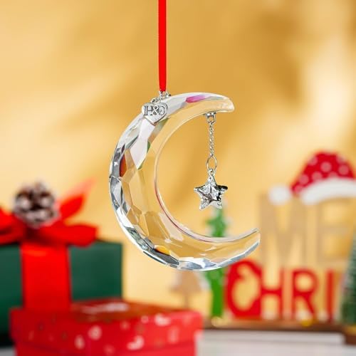 2026 Clear Crystal Moon Hanging Ornament Suncatcher – 3in x 6.4cm, H&D HYALINE & DORA, Includes Gift Box & Ribbon, Variation: Clear Moon Christmas