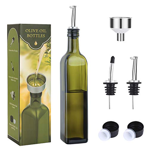 Glass Olive Oil Dispenser Bottle Set - 17oz Green Glass Cruet with Pourers