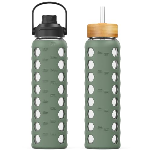 32oz Glass Water Bottle with Time Marker, Silicone Sleeve & Two Lids