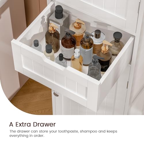 67" Tall Bathroom Storage Cabinet with 2 Doors, Drawer & Adjustable Shelves