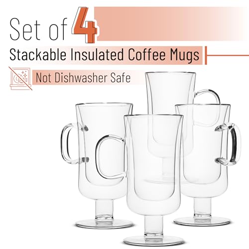 Brew To A Tea Double Walled Glass Irish Coffee Mug Set of 4 - 10 oz Insulated Hot Cold Cups