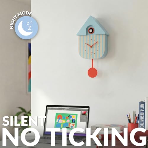 Modern Cuckoo Wall Clock with Pendulum - Blue and Beige Striped