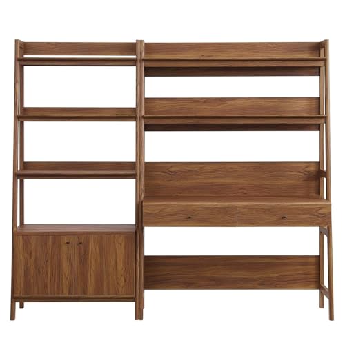 2-Piece Mid-Century Modern Home Office Desk and Bookshelf Set in Walnut