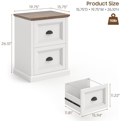 2-Drawer Farmhouse File Cabinet, White Wooden Under Desk Printer Stand