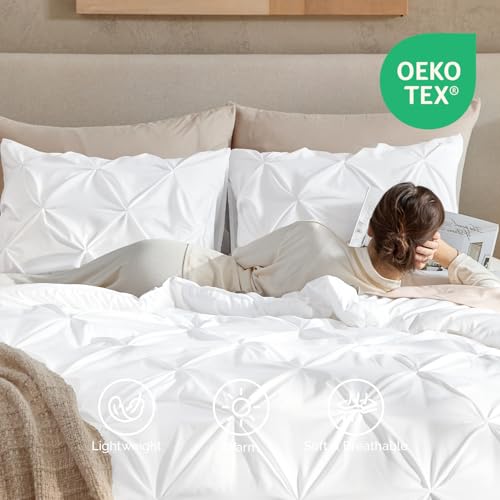 Queen White Pinch Pleat Comforter Set - 3 Piece All-Season Bedding Set