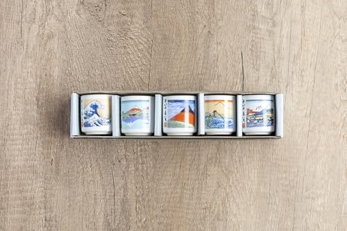 Mino Ceramic Sake Cups Set of 5 with Hokusai Mt. Fuji Art - Made in Japan