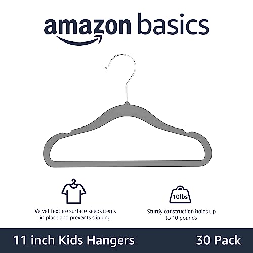 Amazon Basics Kids Velvet Non-Slip Clothes Hangers, Gray, 30-Pack