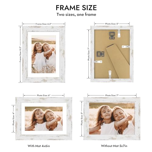 Hongkee Distressed White Wooden 5x7 Picture Frame with Glass for Wall and Tabletop