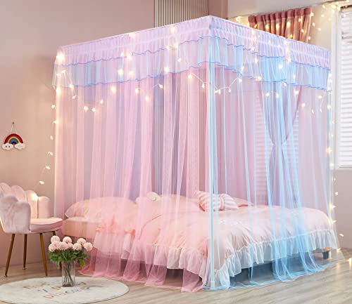 Rainbow Canopy Bed Curtains with Lights - Princess Bed Netting, Full Size