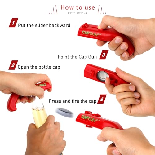 LibereTech Cap Shooting Bottle Opener Gun - Colorful Party Gadget for Men, Blue Red Black Gray