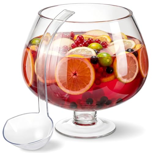 2 Gallon Clear Glass Punch Bowl Set with Ladle, Elegant Stemmed Design