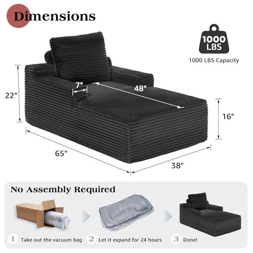 65-Inch Corduroy Chaise Lounge Sofa, Ergonomic Sleeper Sofa in Gray