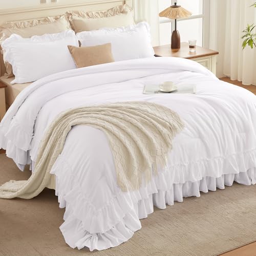 White Ruffle Queen Comforter Set - 3 Piece All-Season Bedding Set