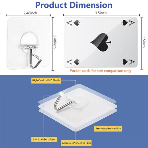 Clear Adhesive Wall Hooks Heavy Duty 13lb 12 Pack - No Drill Transparent Hooks