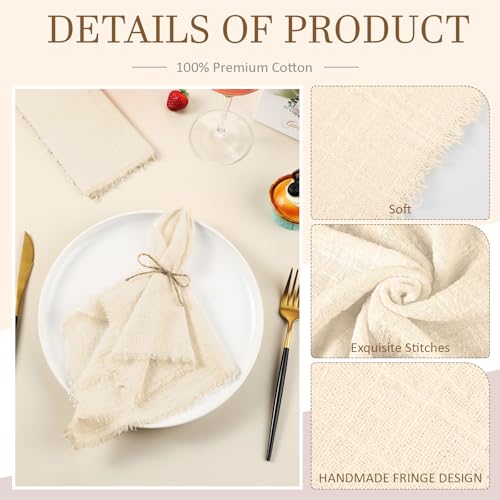 24-Piece Cotton Napkin Set, 17x17 Inch Fringe Edge Cloth Napkins, Ivory