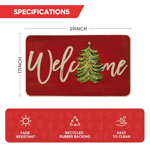 Artoid Mode Red Xmas Tree Welcome Doormat 17x29 Inch, Non-Slip Low-Profile Indoor Outdoor