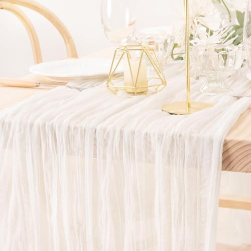 Ivory White 13ft Boho Cheesecloth Table Runner 6 Pack - Rustic Elegant Decor