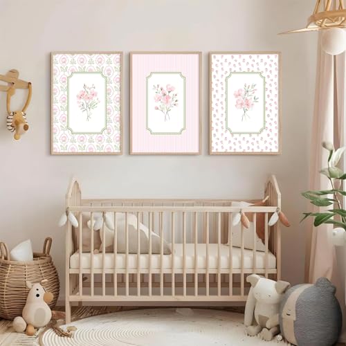 Pink Floral Canvas Wall Art Nursery Botanical Prints 3-Piece Set 12x16 Inch