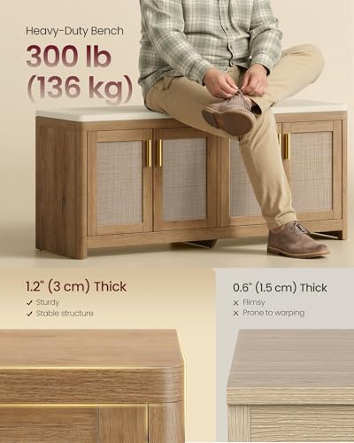 Boho Shoe Storage Bench with Cushion and 4 Rattan-Look Cabinet Doors