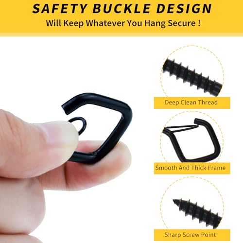2.2-Inch Screw-In Hanger Hooks with Safety Buckle - 10 Pack, Black