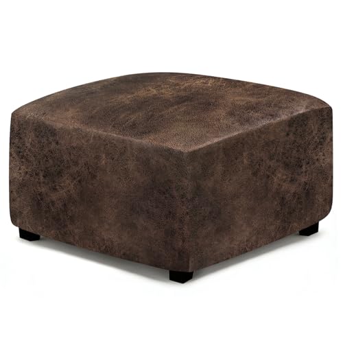 Leather Ottoman Cover - Stretch Slipcover for Square & Rectangular Ottomans, Medium Size with Non-Slip Bottom