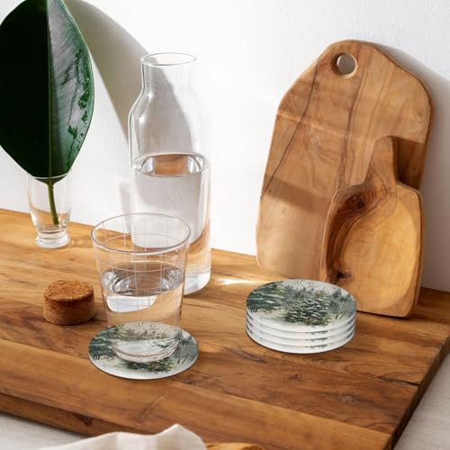 HOYYU Winter Christmas Tree Drink Coasters Set of 4 with Cork Base - Holiday Absorbent Ceramic Drink Mats for Coffee & Bar Tables