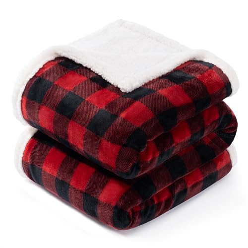 BEAUTEX Twin Sherpa Fleece Buffalo Plaid Blanket - 60x80 inches, Red