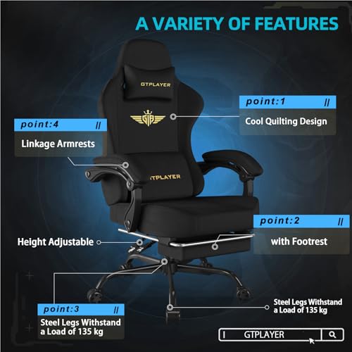 Ergonomic Fabric Gaming Chair with Footrest, Lumbar Support & Spring Cushion