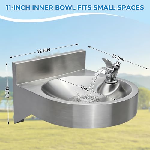 Wall Mounted Stainless Steel Drinking Fountain with Faucet, Compact 11-Inch Basin for Indoor/Outdoor Use
