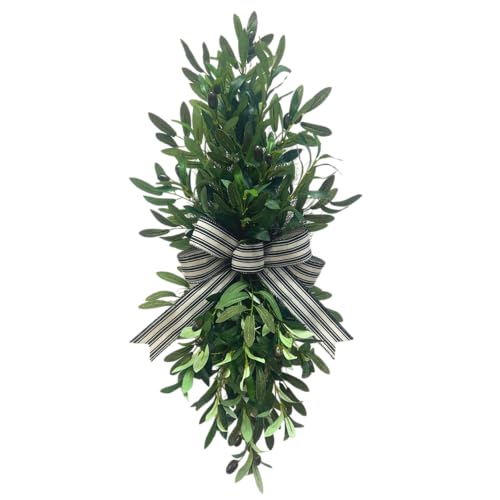 26-Inch Lighted Olive Leaf Swag with Timer and Striped Bow