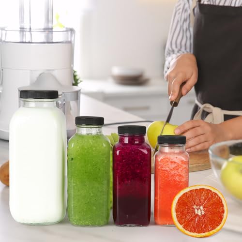 CAKKVDE 8 oz Glass Juice Bottles with Lids 6 Pack | Reusable Square Drink Bottles
