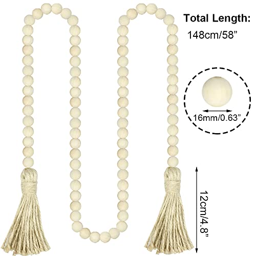 58-Inch Farmhouse Wood Bead Garland with Jute Tassels, Rustic Home Decor