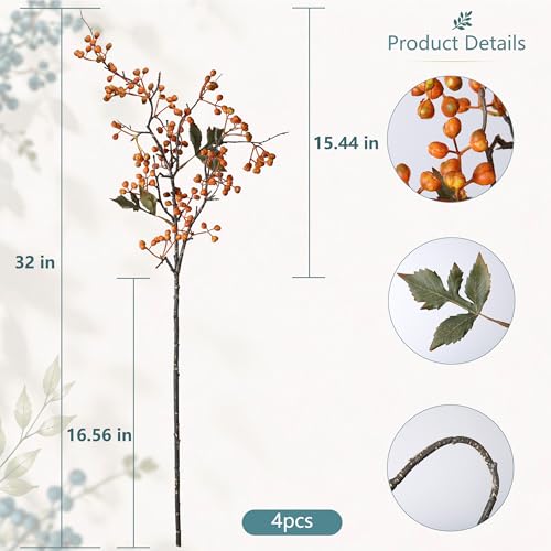 Artificial Blueberry Stems - 32 Inch Faux Berry Branches (4 Pcs)